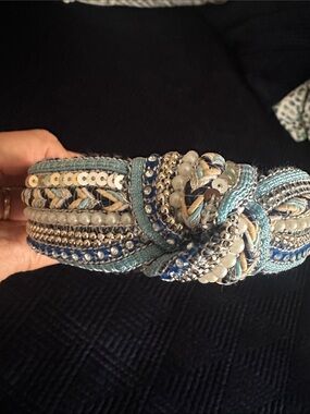 Beaded Braided Headband in Blue, Silver and Cream